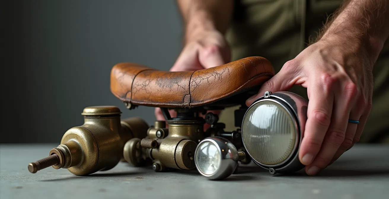 Composition artistique de pièces de mobylette vintage avec patine naturelle sur fond neutre