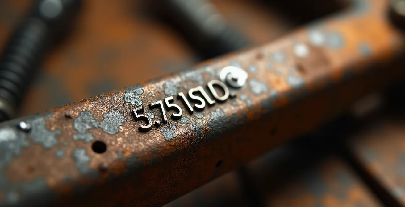 Gros plan sur numéro de châssis gravé sur cadre de mobylette vintage avec texture métallique patinée